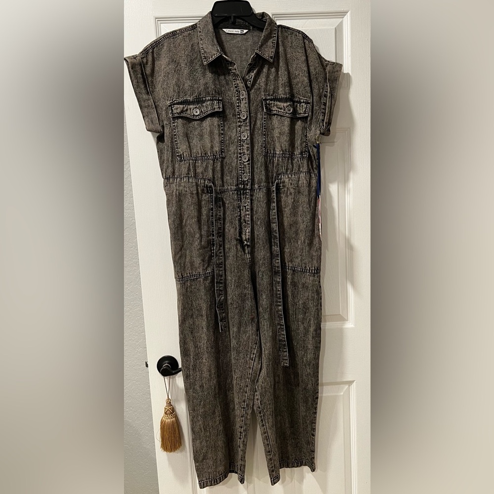 NWT G. Kale Women PXL Faded Black Denim Button-Down Jumpsuit 100% Cotton Pockets